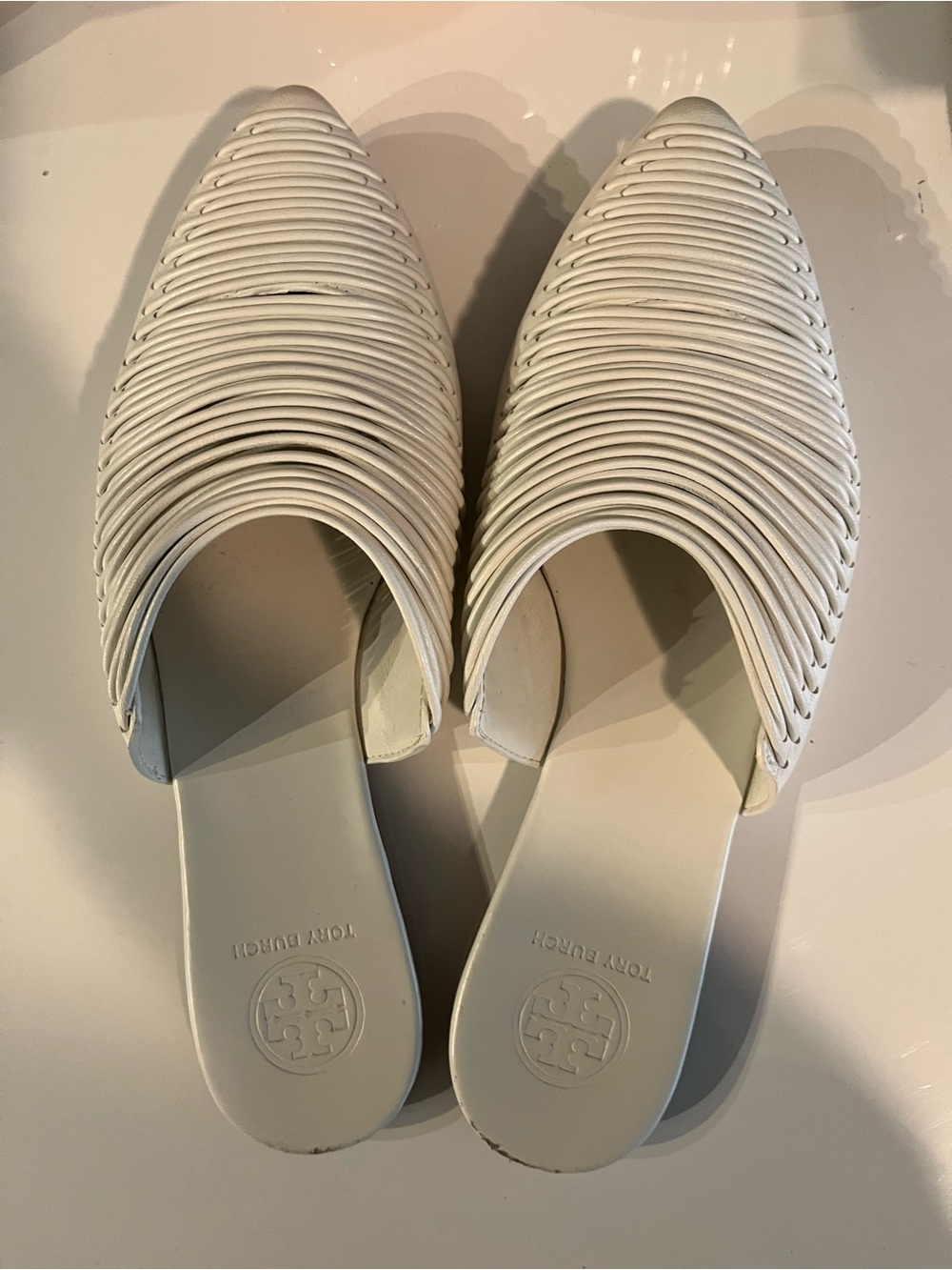 Tory Burch White Woven Pointed Mules